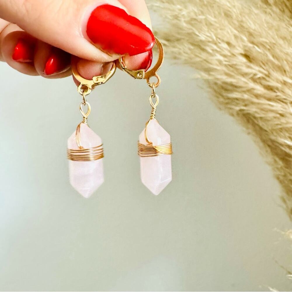 Rose Quartz Gold Handmade Boho Gemstone Crystal Hoop Earrings Hoops Jewelry